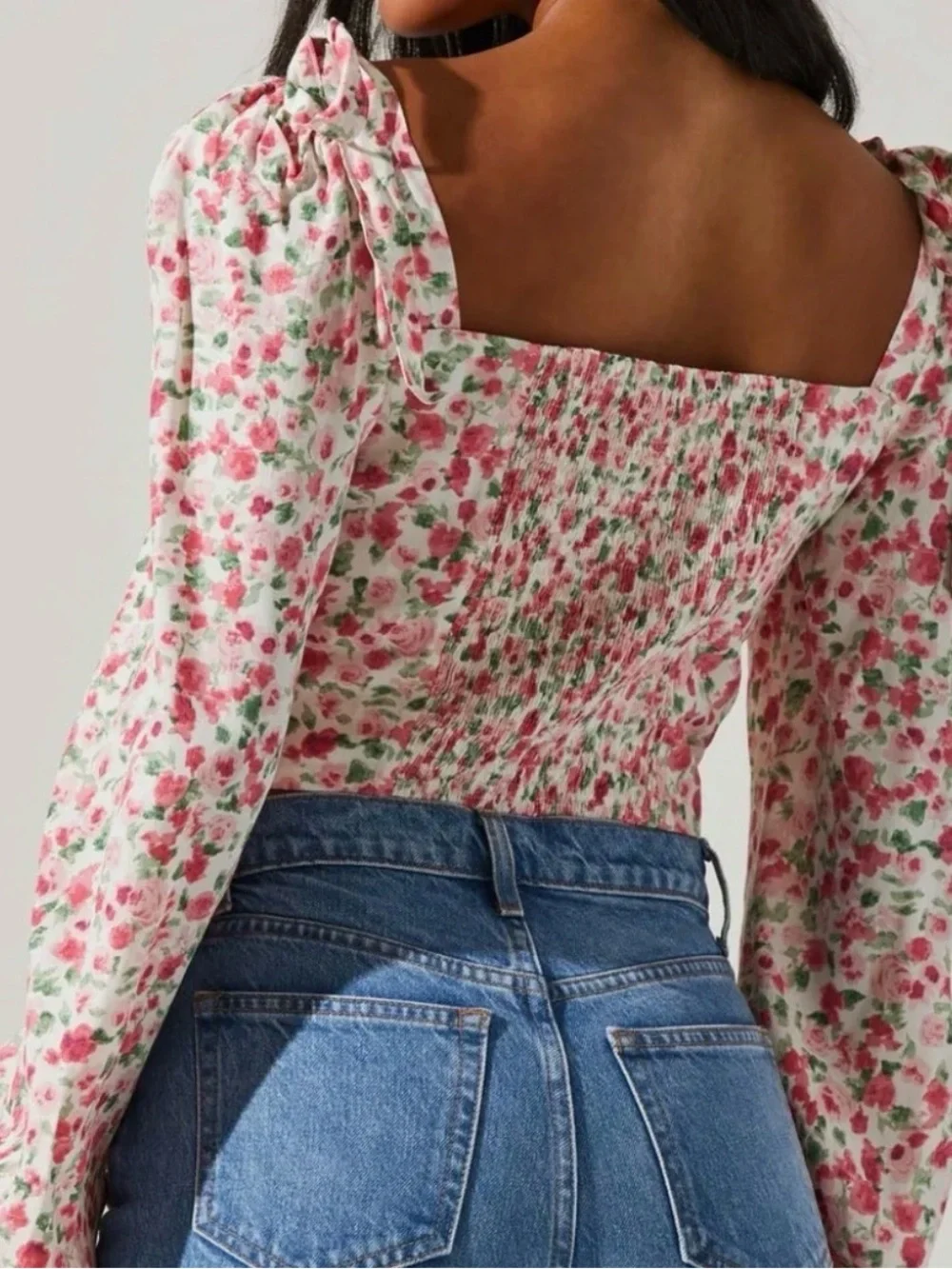 Astr Floral Tie-Shoulder Puff Sleeve Top - White/Pink/Green